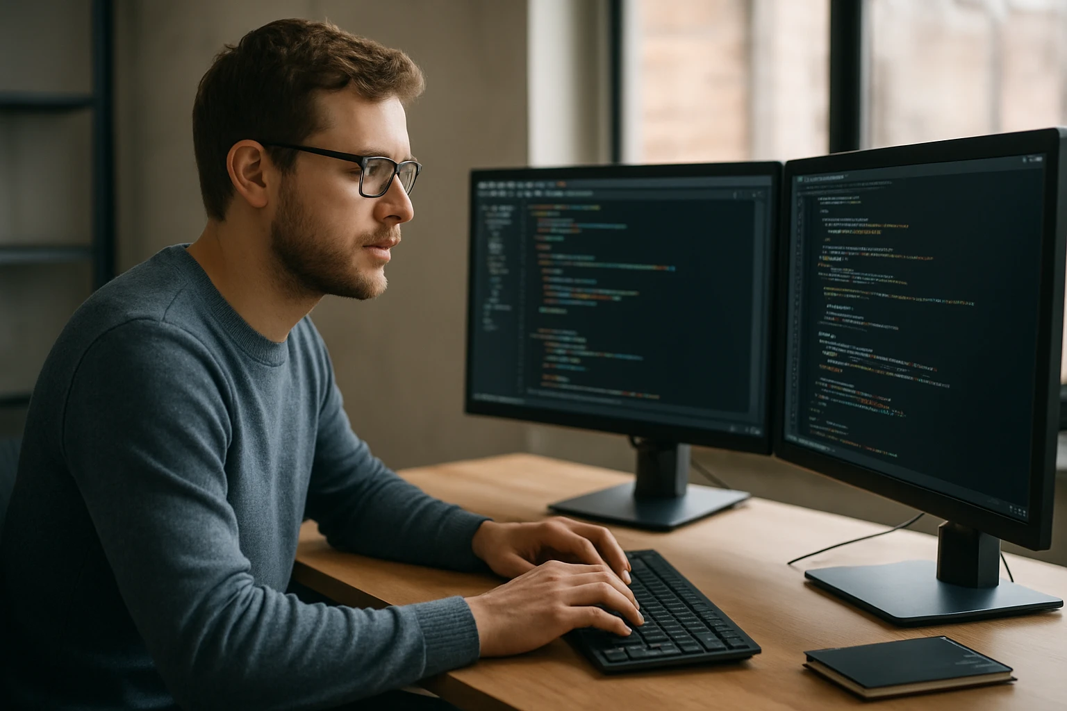 Egy fiatal férfi programozás közben, két monitor előtt ülve, kódot ír.