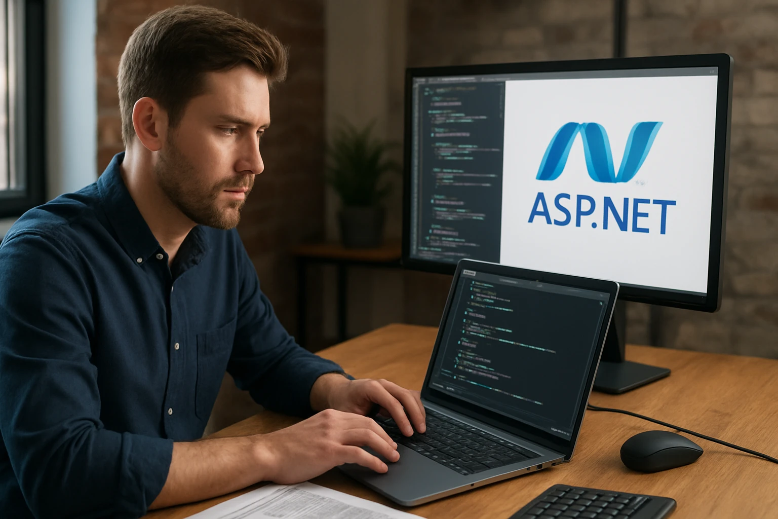 Egy férfi programozik, laptopján kód látható, háttérben ASP.NET logóval.