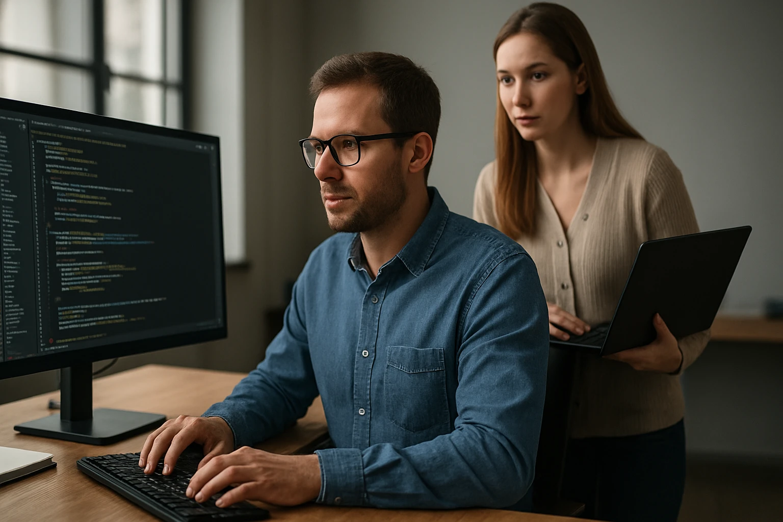 Egy férfi programozik a számítógépén, míg egy nő laptopot tart.