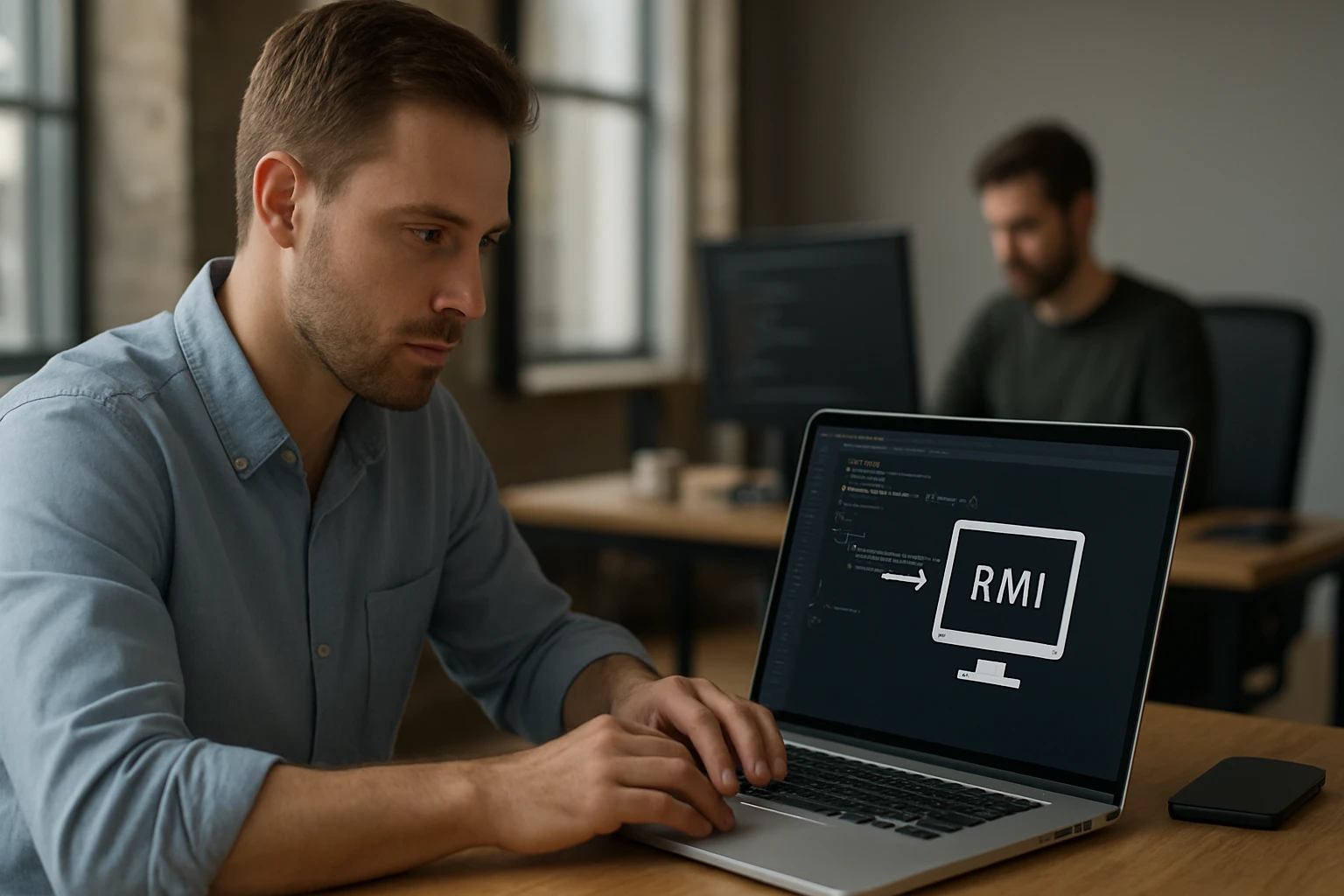Egy férfi programozik egy laptopon, a képernyőn RMI grafika látható.