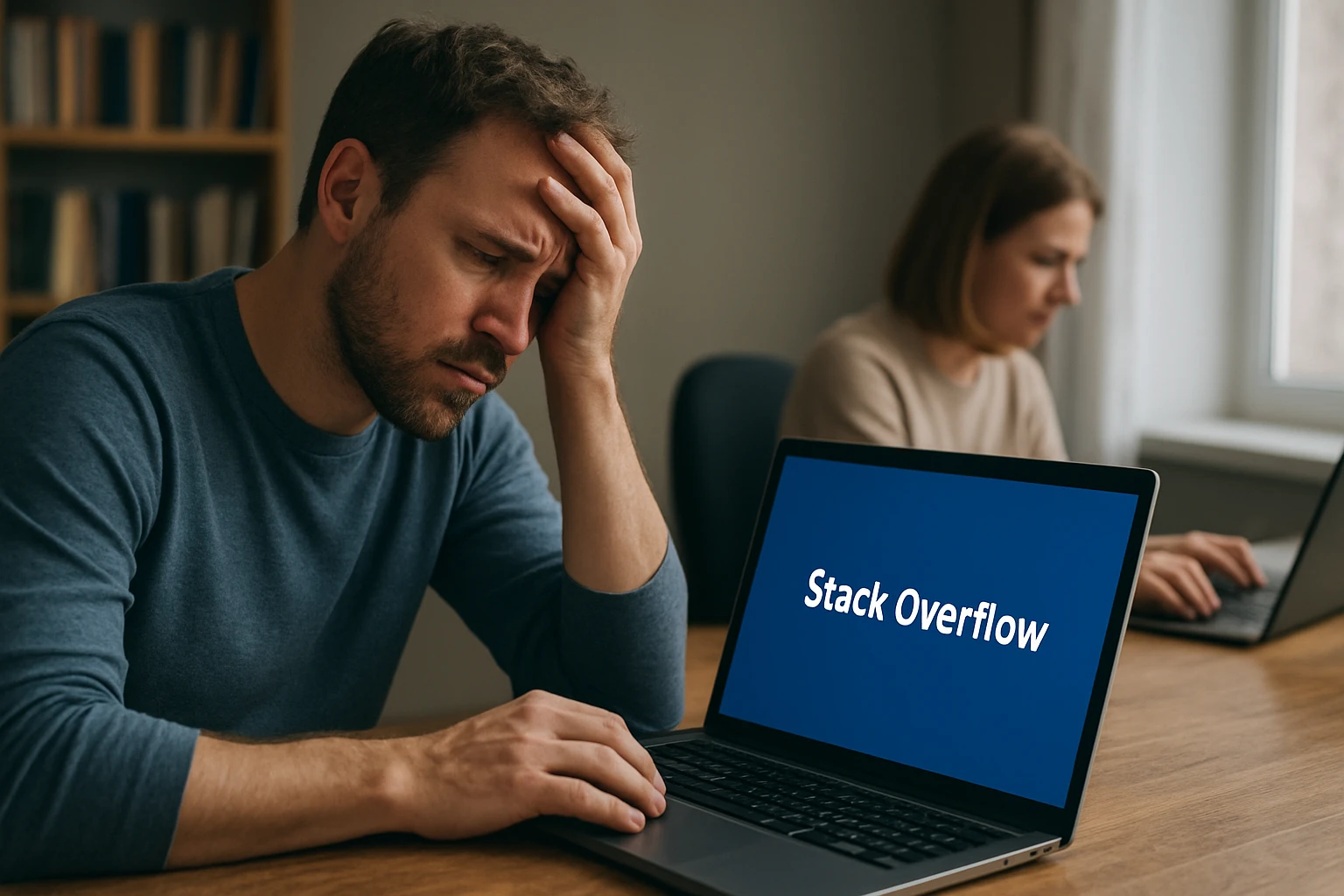 Egy férfi aggódva nézi a laptopját, amelyen a Stack Overflow felirat látható.