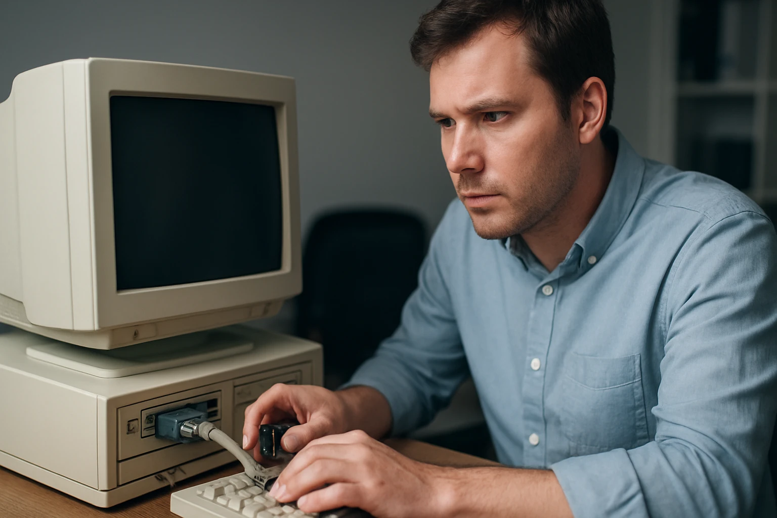 Egy férfi egy régi számítógép előtt ül, figyelmesen dolgozik.