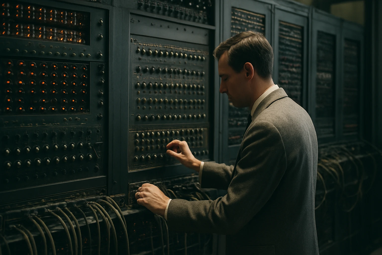 Egy férfi régi számítógép vezérlőpaneljén áll, gombokat nyomogatva.