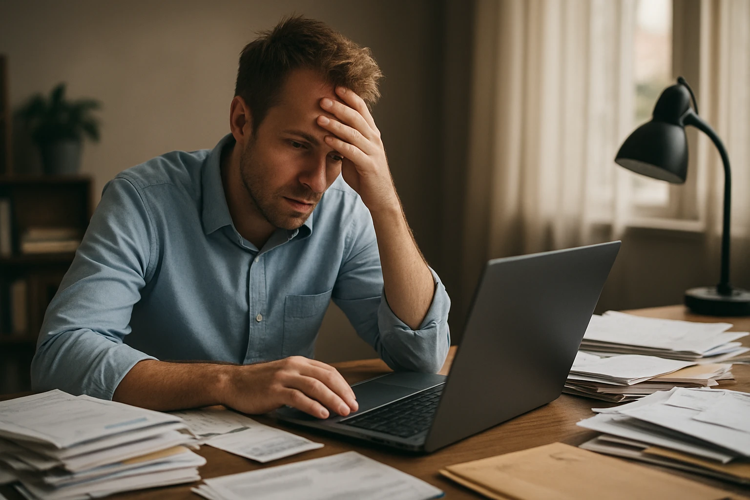 Egy férfi aggódva néz a laptopjára, miközben papírok halmozódnak az asztalon.