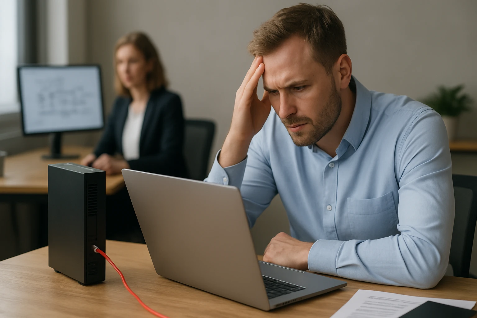 Egy férfi stresszesen néz a laptopjára, miközben egy nő háttérben dolgozik.