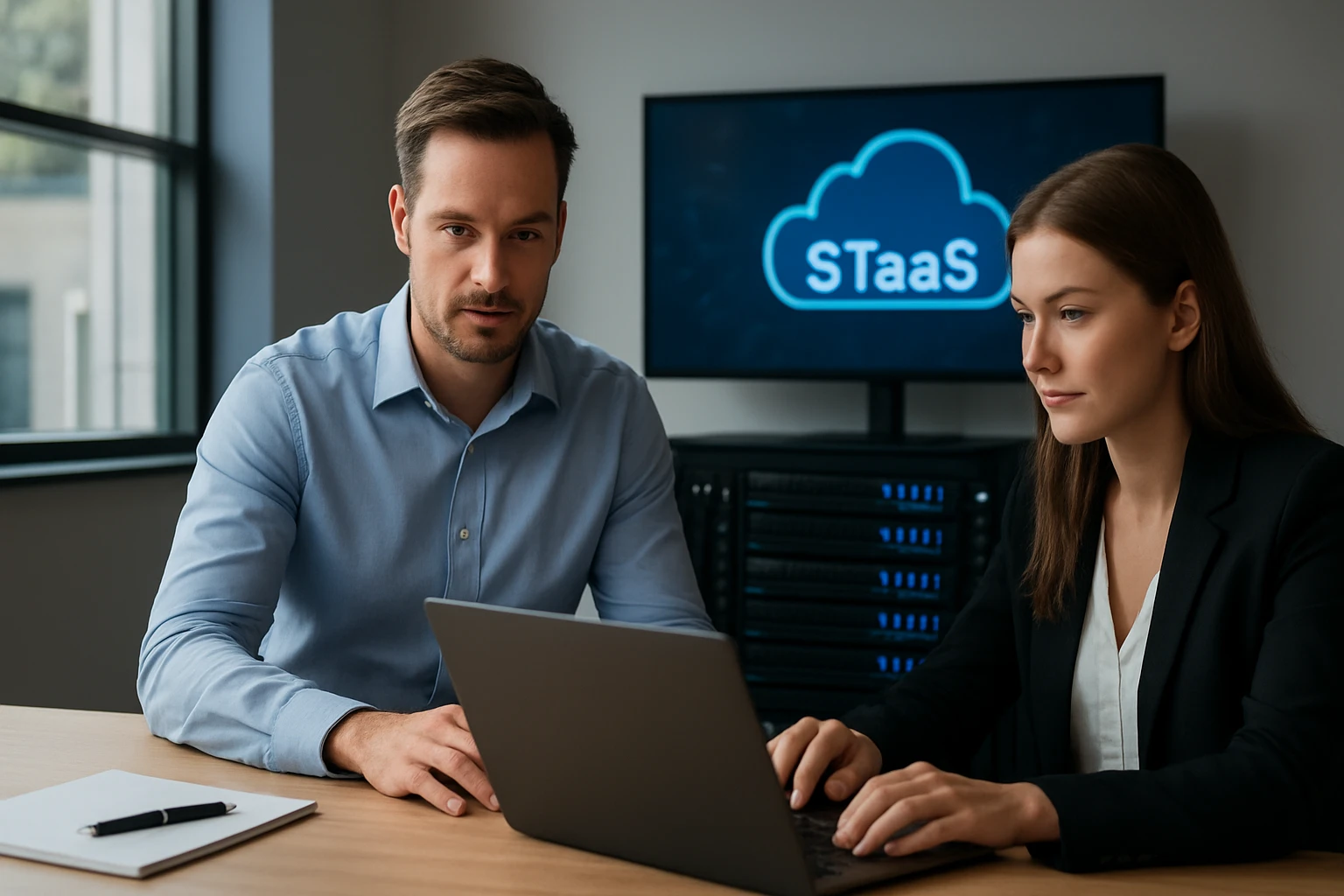 Két szakember dolgozik egy laptopon, háttérben STaaS logóval.