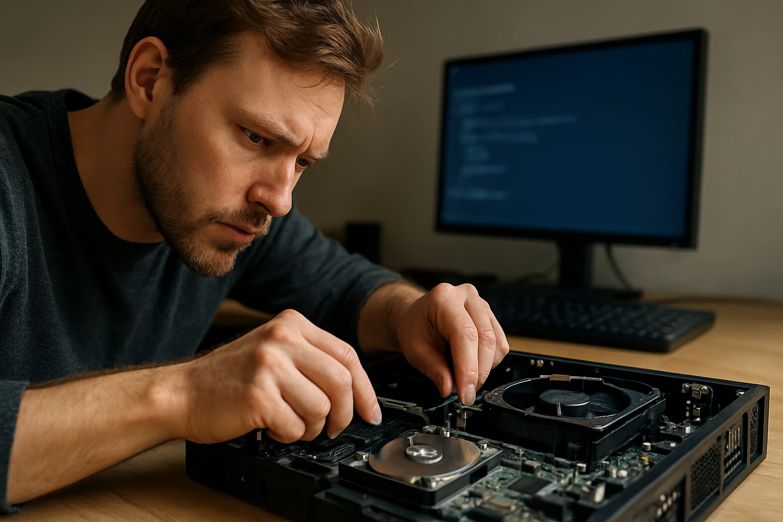 Egy férfi számítógép belső alkatrészeit szereli, figyelmesen dolgozik.