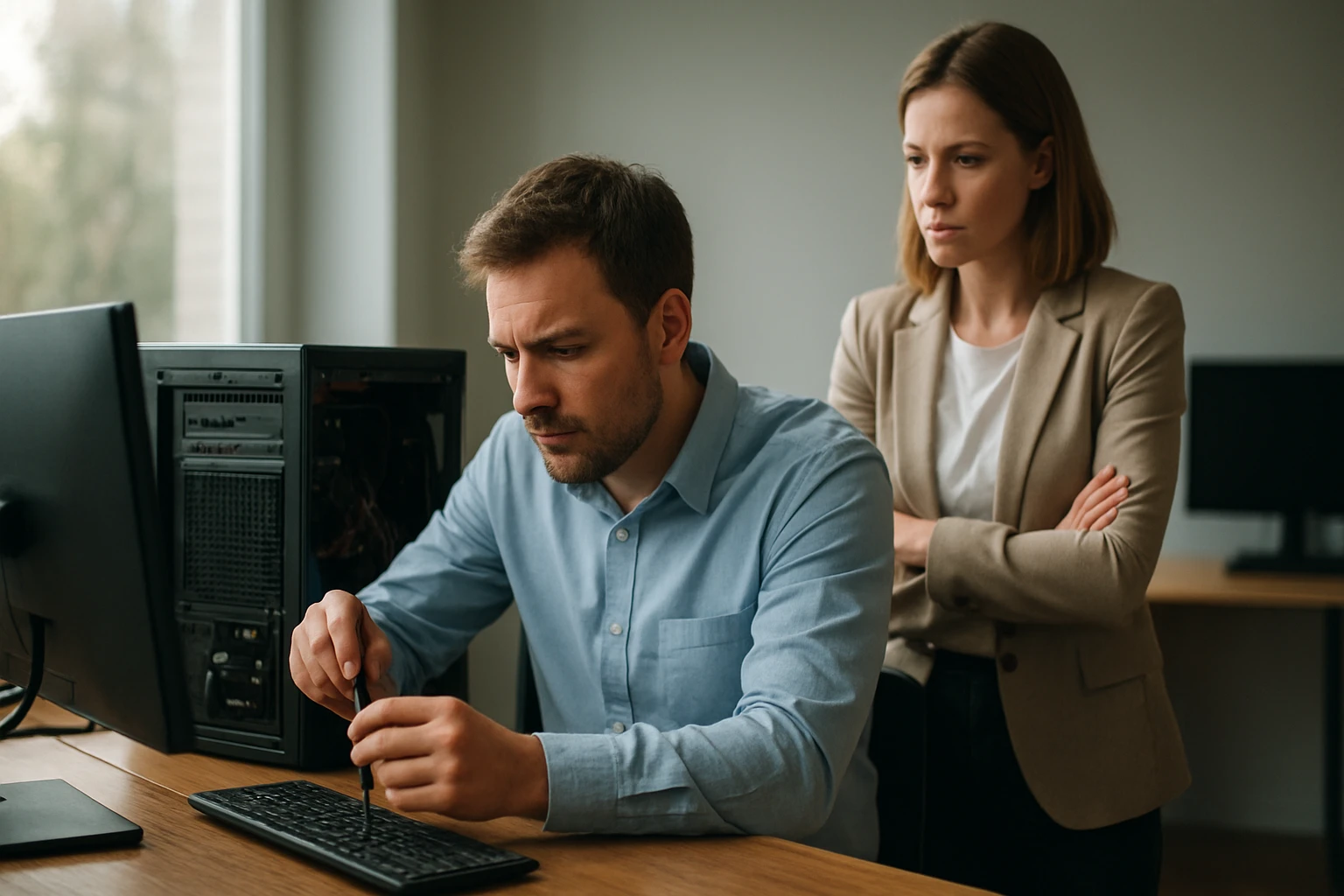Egy férfi számítógép javításán dolgozik, míg egy nő figyeli.