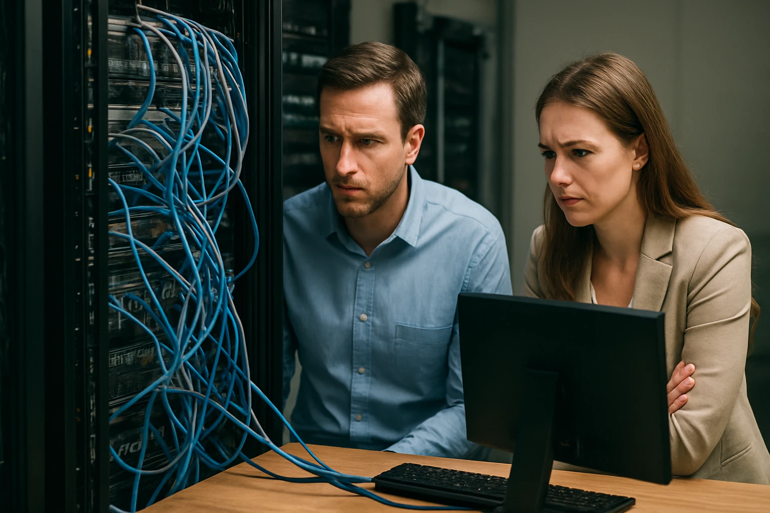 Két szakember figyelmesen nézi a szervereket, miközben kék kábelek láthatók.