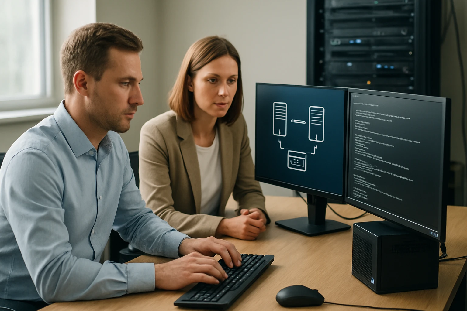Két szakember számítógép előtt, kódot és diagramot néznek.