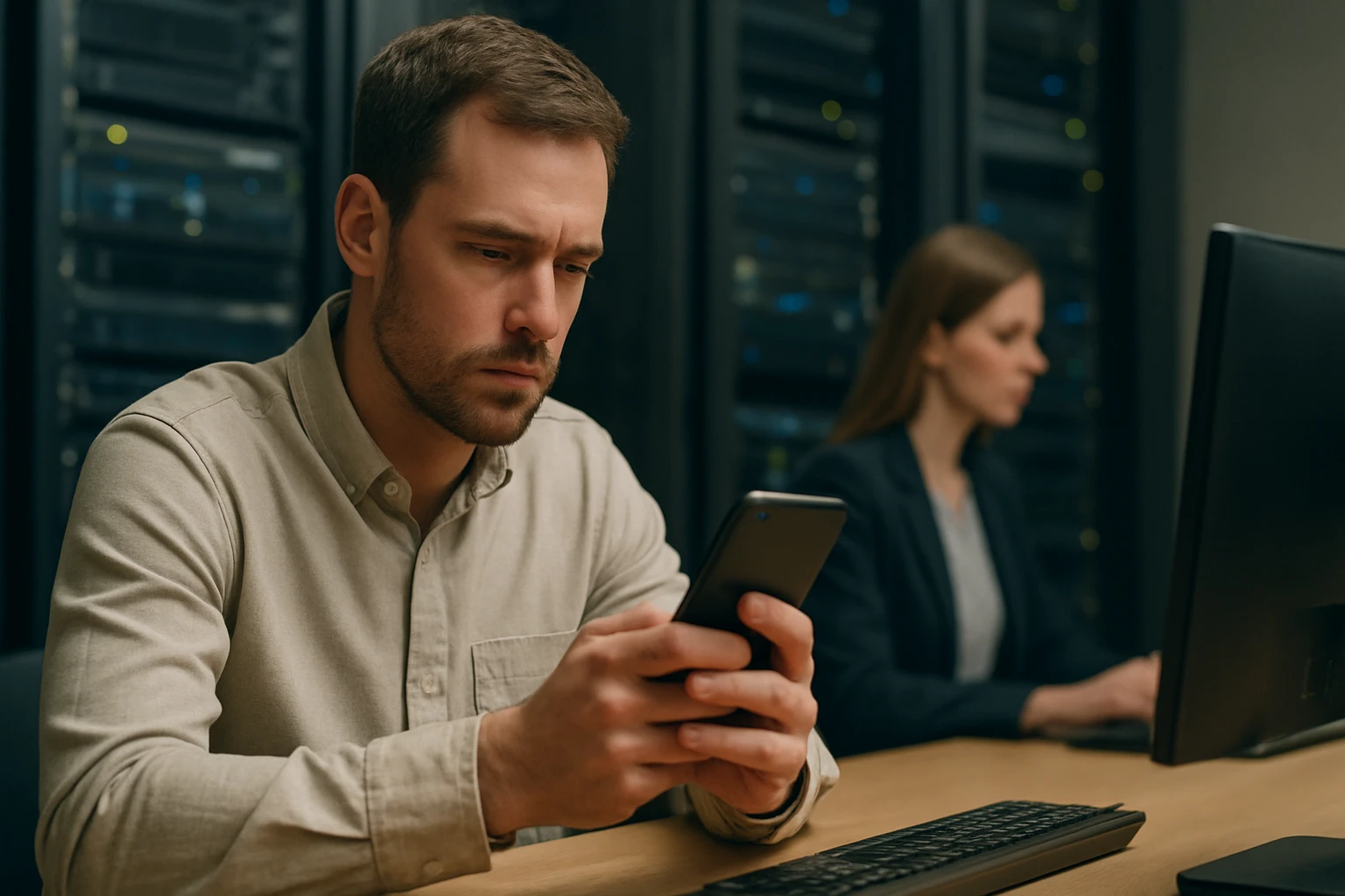 Egy férfi koncentráltan nézi a telefonját egy szerverteremben, háttérben női kolléga dolgozik.