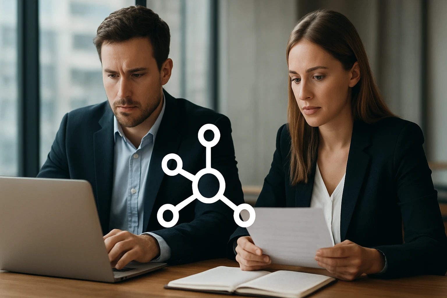 Két üzletember egy modern irodában dolgozik, laptop előtt ülve.