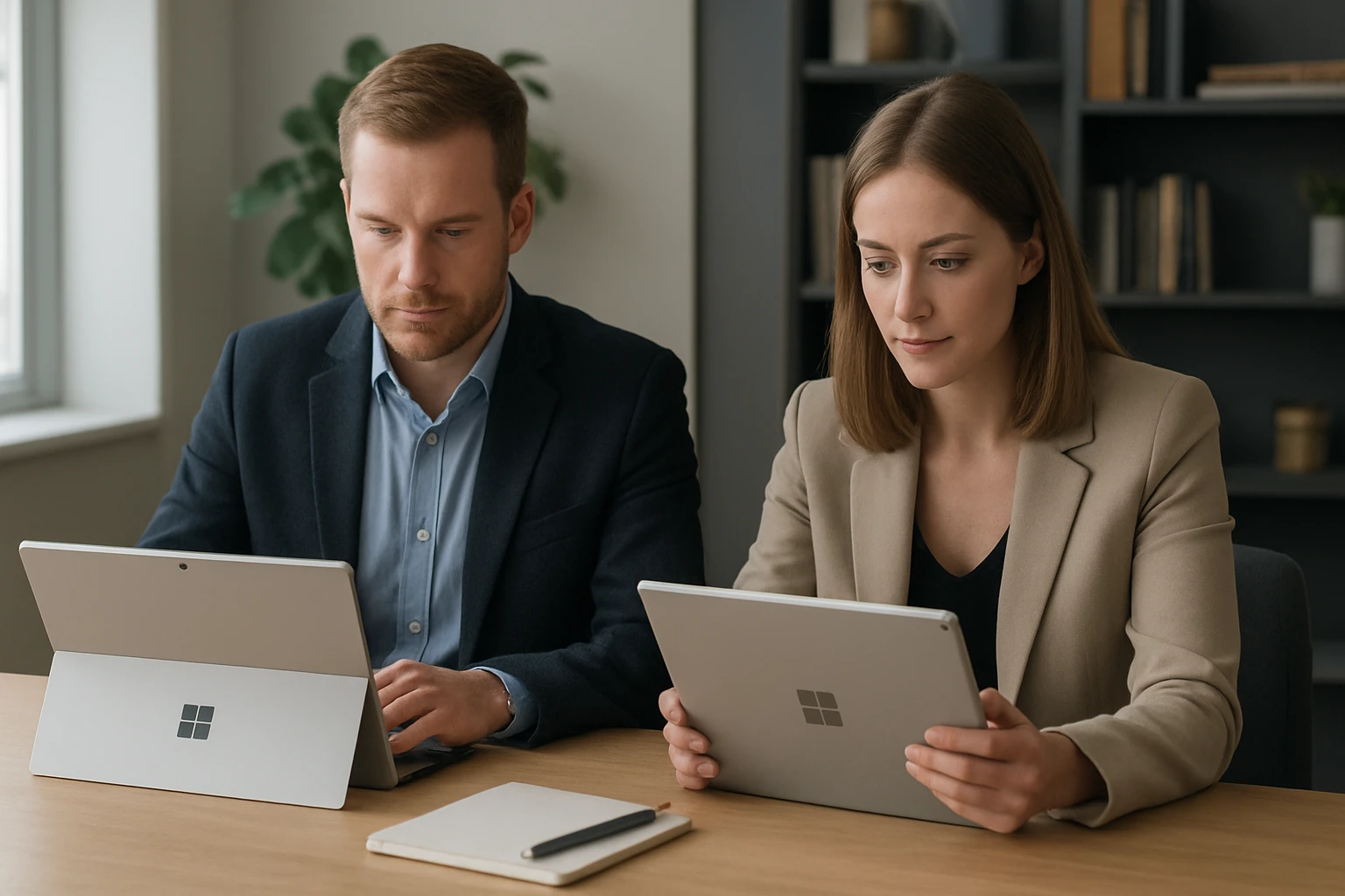 Két üzletember, akik táblagépeken dolgoznak egy modern irodában.