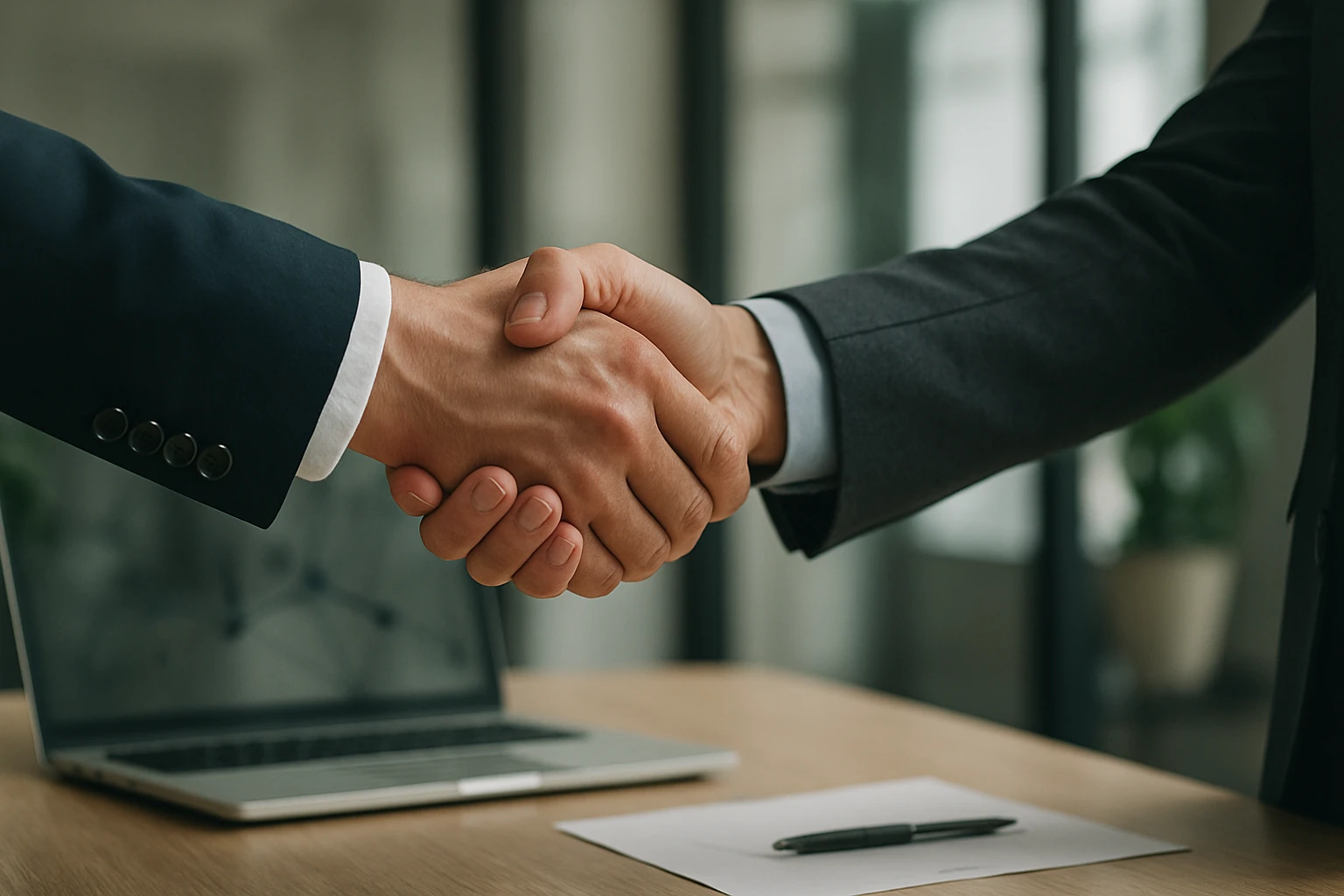 Két üzletember kezet fog egy tárgyalás során, háttérben laptop és papír.
