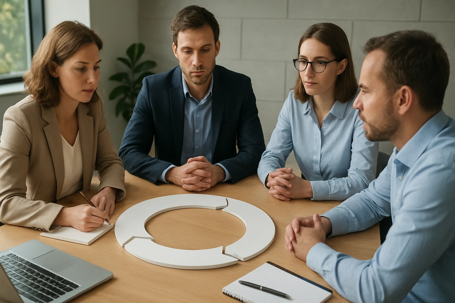 Négy felnőtt üzletember ül egy asztalnál, figyelmesen beszélgetnek.