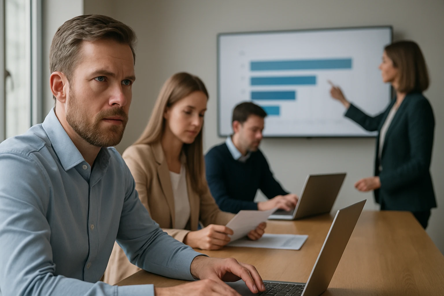 Egy üzleti megbeszélés, ahol négy ember laptopon dolgozik, háttérben grafikonokkal.