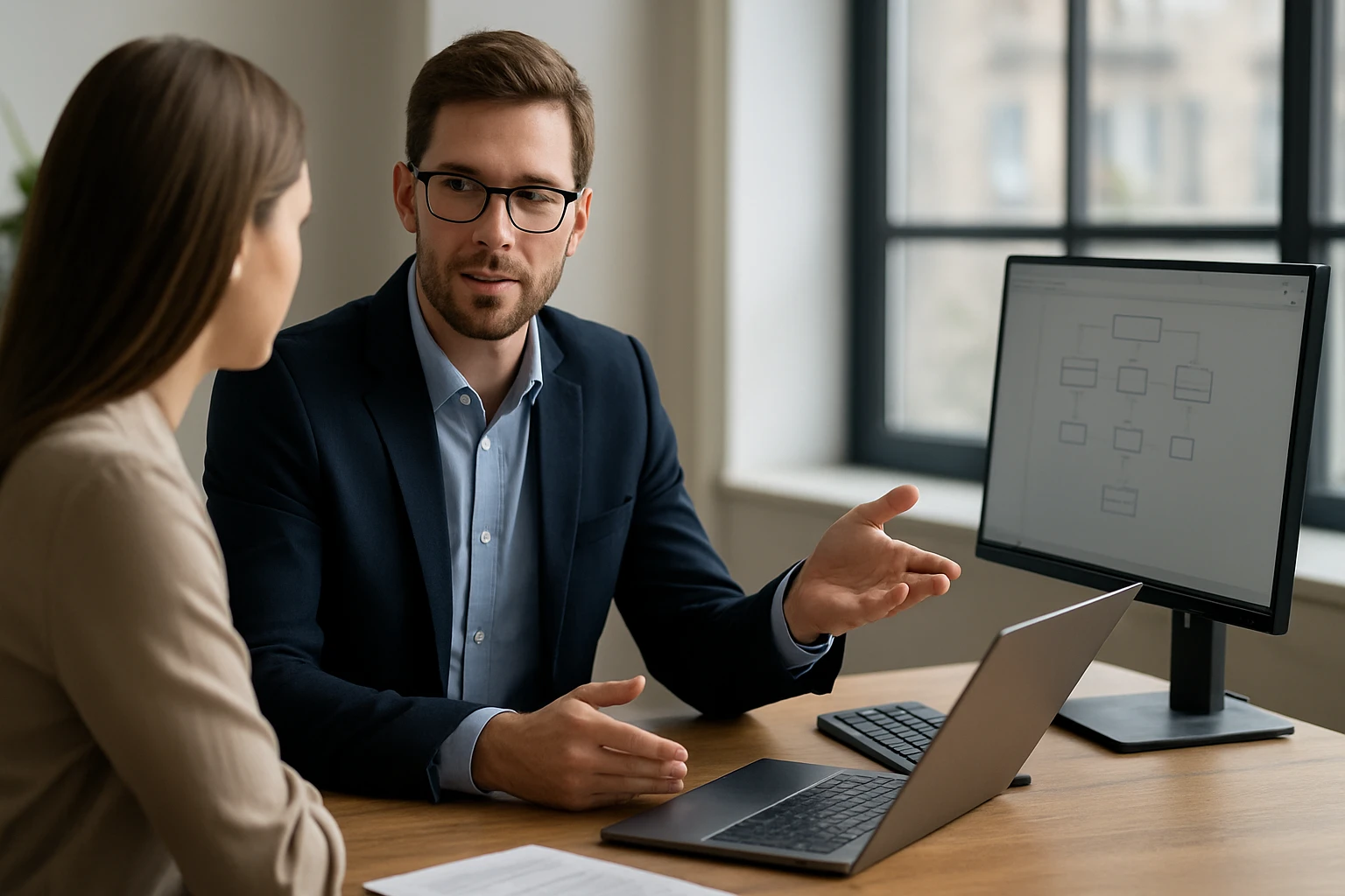 Egy férfi üzleti öltönyben beszélget egy nővel, laptop és monitor előtt.