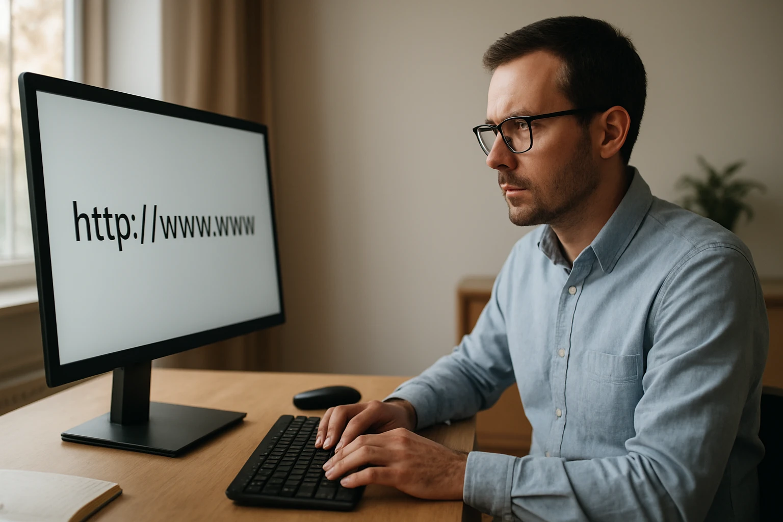 Egy férfi számítógép előtt ül, a monitoron URL cím látható.