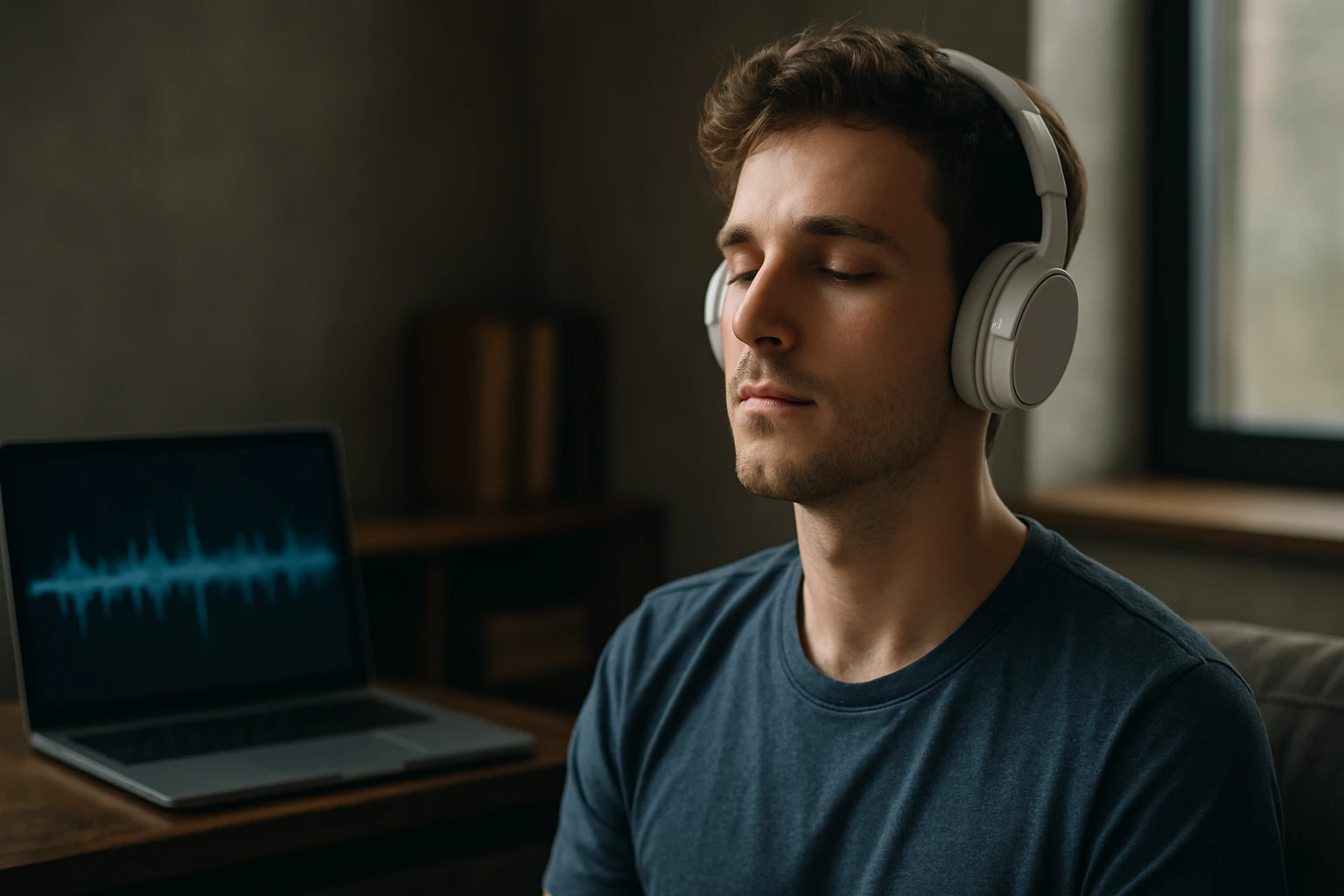 Egy fiatal férfi fejhallgatót visel, miközben zenét hallgat egy laptop előtt.