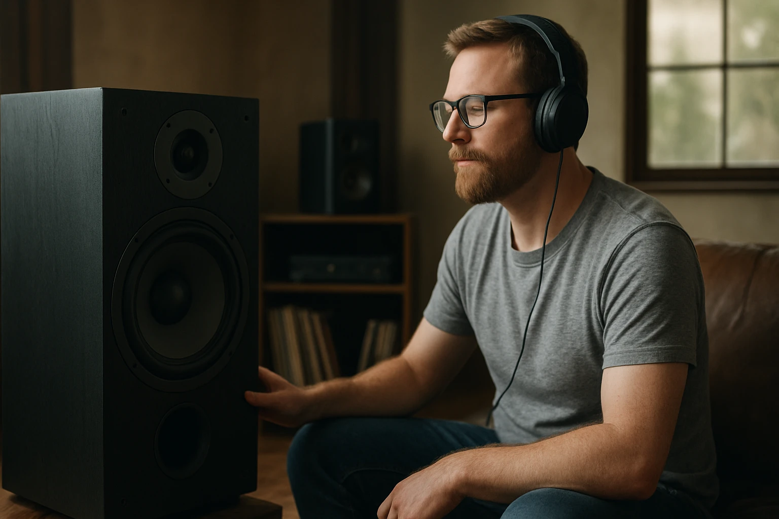 Egy fiatal férfi fejhallgatót visel, miközben egy hangfalat figyel.