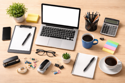 Irodai alapfelszerelések, mint laptop, írószerek és kávé
