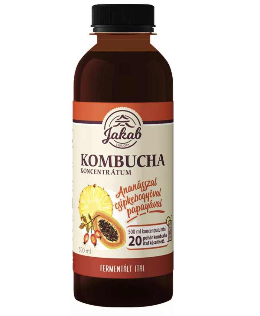 Fermentált kombucha koncentrátum ananásszal, csipkebogyóval és papayahéjjal.