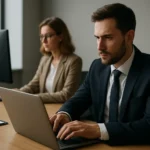 Két üzletember adatvédelemmel kapcsolatos munkát végez.