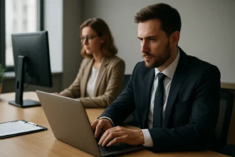 Két üzletember adatvédelemmel kapcsolatos munkát végez.