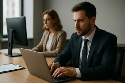 Két üzletember adatvédelemmel kapcsolatos munkát végez.