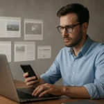 Férfi online tartalomaggregátor használat közben laptopon és telefonon.