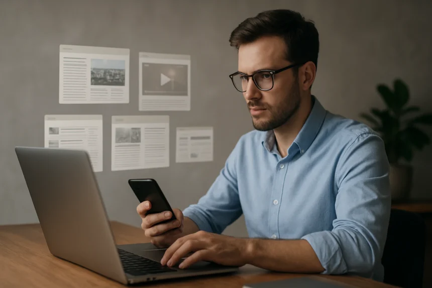 Férfi online tartalomaggregátor használat közben laptopon és telefonon.