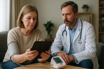 Nő távoli betegmegfigyelés közben, orvos figyelemmel kíséri.