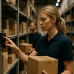 Raktári dolgozó a Pick-to-Light rendszer használata közben.