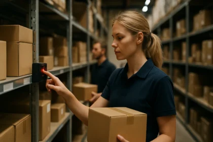 Raktári dolgozó a Pick-to-Light rendszer használata közben.