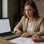 Két ember egy laptop előtt, adatszótár információkat átbeszélve.