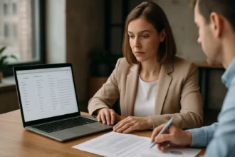 Két ember egy laptop előtt, adatszótár információkat átbeszélve.