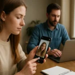 Nő Instagram Stories készítése közben, férfi laptop előtt ül.
