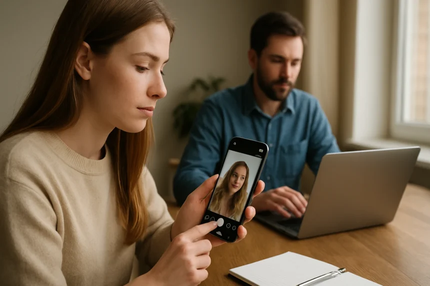 Nő Instagram Stories készítése közben, férfi laptop előtt ül.