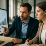 Két üzleti szakember adatokat elemez egy számítógép előtt.