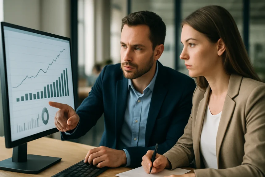 Két üzleti szakember adatokat elemez egy számítógép előtt.
