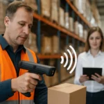 Férfi aktív RFID eszközt használ a raktárban való nyomon követéshez.