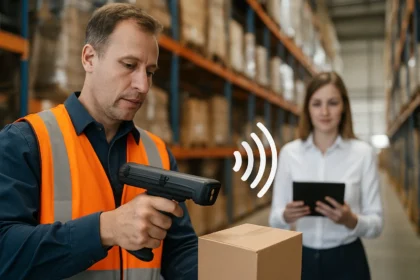 Férfi aktív RFID eszközt használ a raktárban való nyomon követéshez.