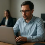 Férfi számítógép előtt, elfogadható használati szabályzat írása közben.