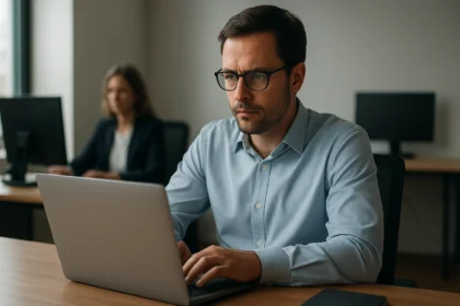 Férfi számítógép előtt, elfogadható használati szabályzat írása közben.