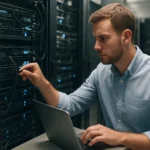 Rendszergazda dolgozik a szerverek távközlésén Linux környezetben