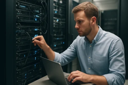 Rendszergazda dolgozik a szerverek távközlésén Linux környezetben