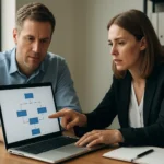 Két szakember együttműködik egy horizontális piaci szoftver bemutatásán.