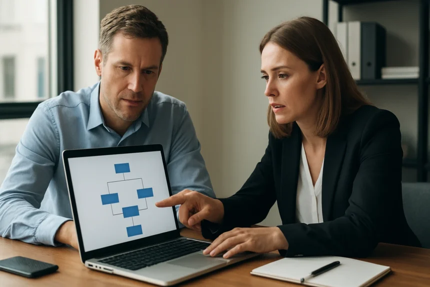 Két szakember együttműködik egy horizontális piaci szoftver bemutatásán.