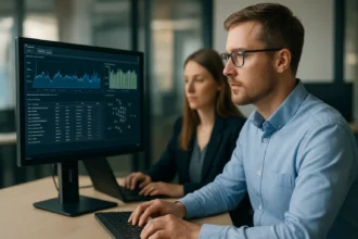 Két szakember dolgozik hálózatfelügyeleti szoftveren RMON protokollal