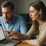 Két ember Google Sheets táblázatot néz egy laptop képernyőjén.